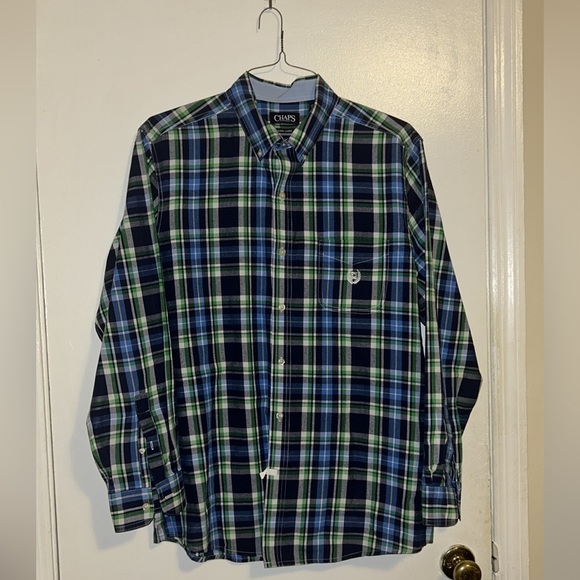 Chap's Men's  Large Shirt Long Sleeved Blue Plaid Easy Care Good Condition NOTE - Picture 3 of 8